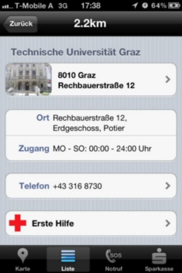 Ein Screenshot einer App mit Informationen zur Technischen Universität Graz.