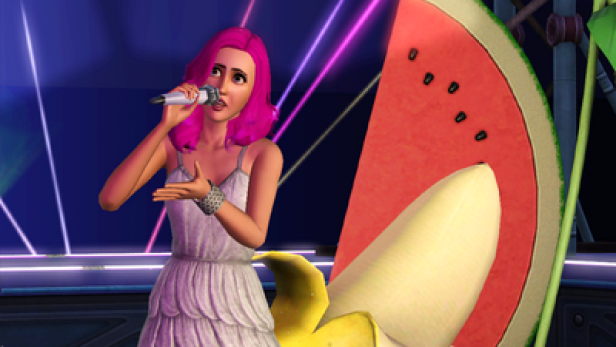 Die Sims 3 Showtime Katy Perry Collectors Edition (c: electronic arts) Eine Sängerin mit pinkfarbenem Haar tritt vor einer Bühnendekoration aus Wassermelone und Banane auf.