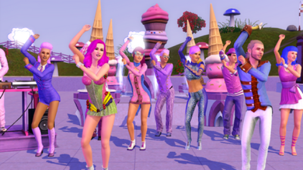Die Sims 3 Showtime Katy Perry Collectors Edition (c: electronic arts) Eine Gruppe von Sims-Charakteren tanzt vor einer Kulisse aus Eiswaffeln und Süßigkeiten.