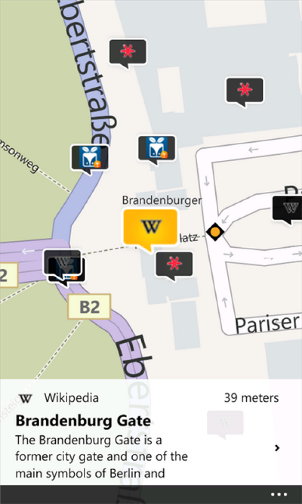 Wikitude - Browser - WindowsPhone Eine Karte des Brandenburger Tors und seiner Umgebung in Berlin.