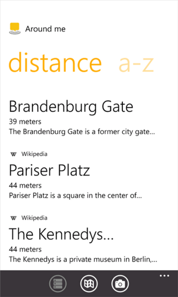 Wikitude - Browser - WindowsPhone Ein Screenshot einer App, die Sehenswürdigkeiten in der Nähe anzeigt, darunter das Brandenburger Tor und der Pariser Platz.