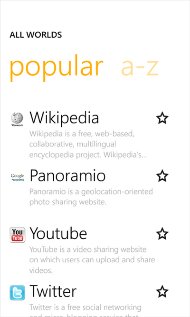 Wikitude - Browser - WindowsPhone Eine Liste von beliebten Webseiten wie Wikipedia, Panoramio, YouTube und Twitter.