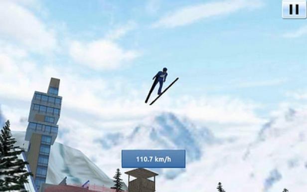 Greentube - Samsung - Ski Jump Giants - Game - Android-Edition Ein Skispringer in der Luft vor einer Bergkulisse.