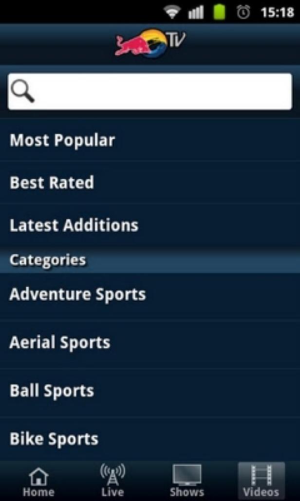 Red Bull.TV - Android-App - Android Market - Red Bull Media House Ein Screenshot der Red Bull TV App auf einem Smartphone, der verschiedene Sportkategorien anzeigt.