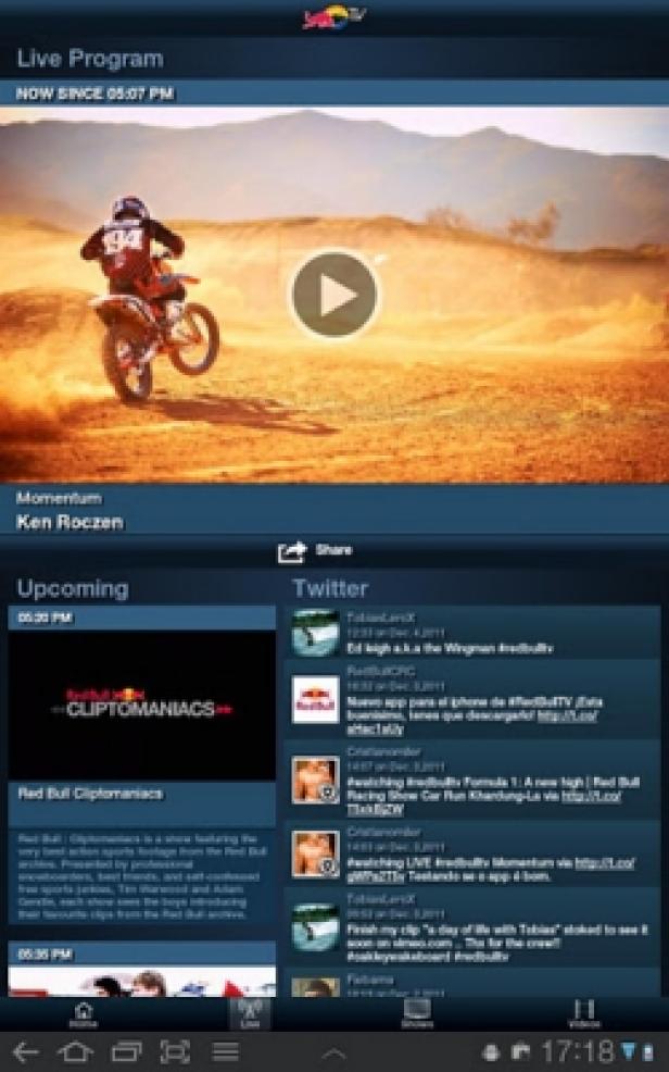 Red Bull.TV - Android-App - Android Market - Red Bull Media House Ein Screenshot der Red Bull TV App mit einem Motocross-Fahrer, Ken Roczen, in der Live-Übertragung.