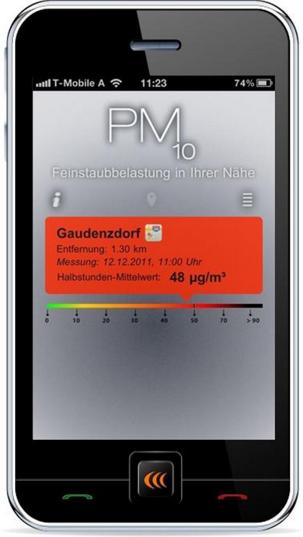 echonet - Feinstaub Sonar Österreich - mobile Website Ein Smartphone zeigt eine App zur Messung der Feinstaubbelastung in Gaudenzdorf an.