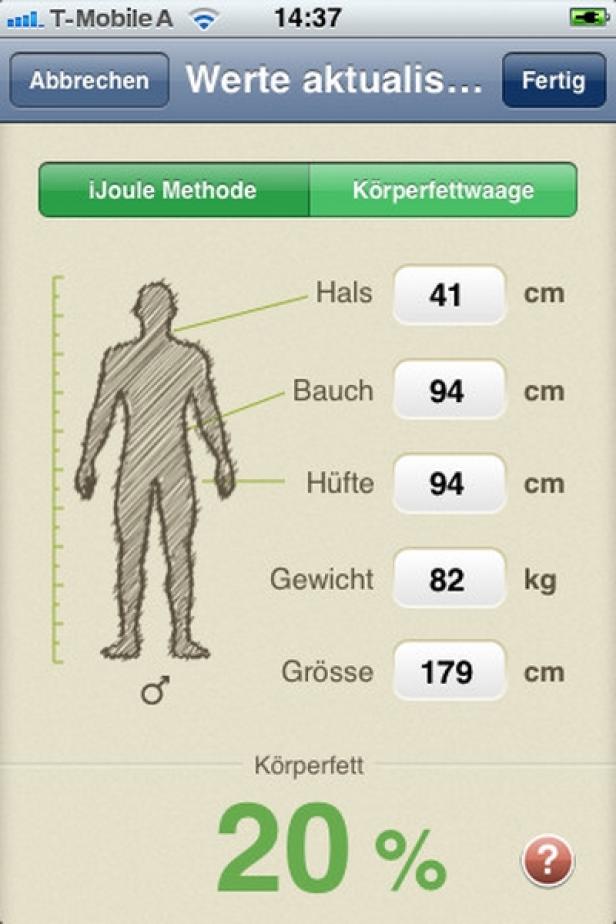 iJoule - iPhone-App Eine iPhone-App zur Berechnung von Körperfett mit Angaben zu Hals, Bauch, Hüfte, Gewicht und Größe.
