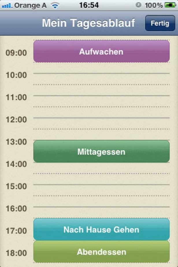 Ein Screenshot einer iPhone-App namens „Mein Tagesablauf“ mit verschiedenen Aktivitäten und Uhrzeiten.