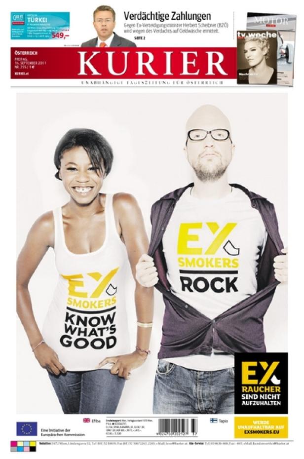 Kurier - EU - Exsmokers.com Eine Frau und ein Mann werben auf der Titelseite des Kurier für Ex-Raucher.