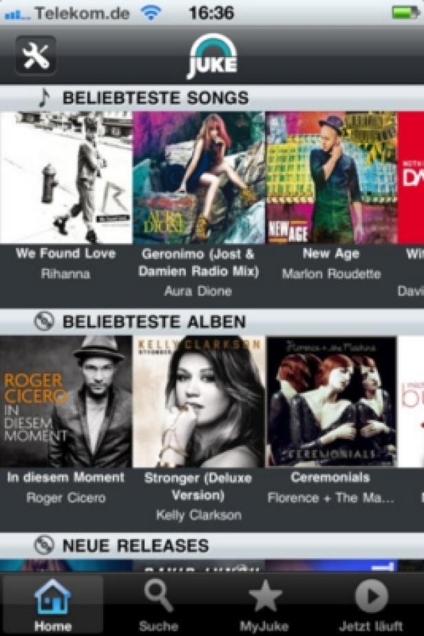 MyJuke.com - iPhone-App - 24-7 Entertainment Ein Screenshot der Juke-App mit den beliebtesten Songs und Alben.
