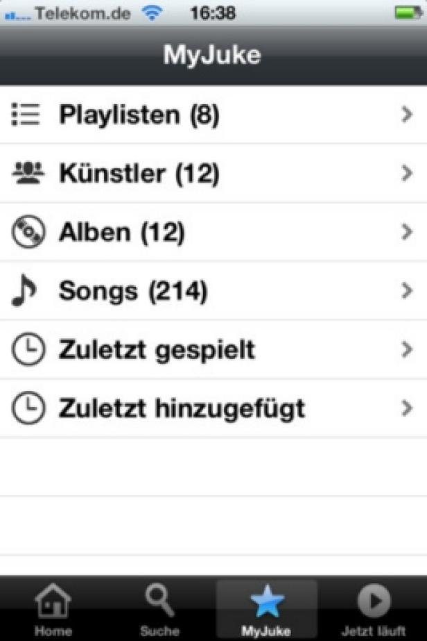 MyJuke.com - iPhone-App - 24-7 Entertainment Ein Screenshot der „MyJuke“-App auf einem iPhone, der Menüpunkte wie Playlisten, Künstler und Songs anzeigt.