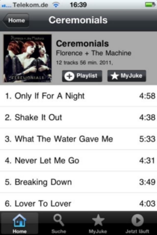 MyJuke.com - iPhone-App - 24-7 Entertainment Ein iPhone-Bildschirm zeigt die Titelliste des Albums „Ceremonials“ von Florence + The Machine.