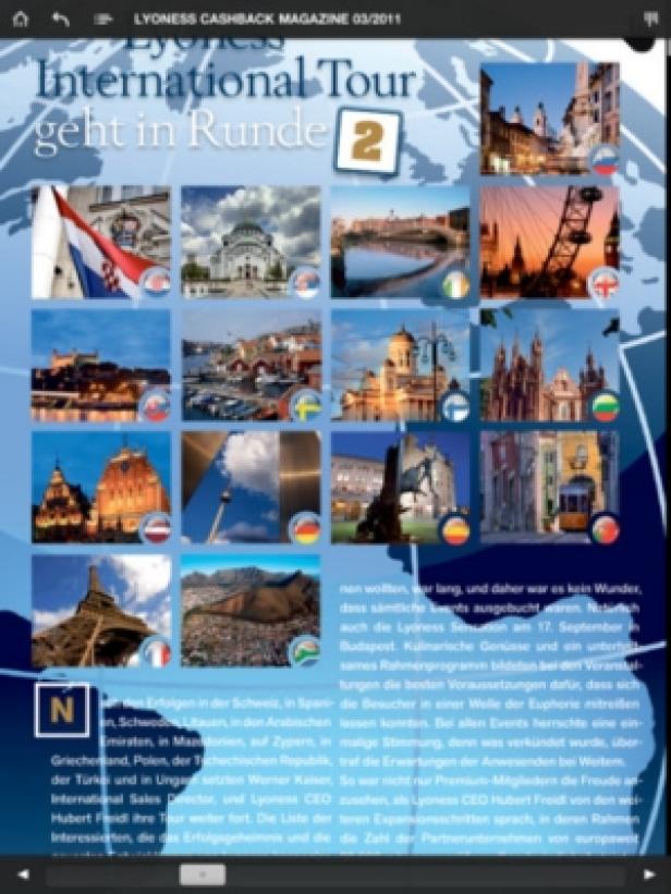 Lyoness Cashback Magazin - iPad-App - lexNEWS - Tunnel23.com Das Cover des Lyoness Cashback Magazins 03/2011 mit dem Titel „International Tour geht in Runde 2“ und Bildern verschiedener Städte.