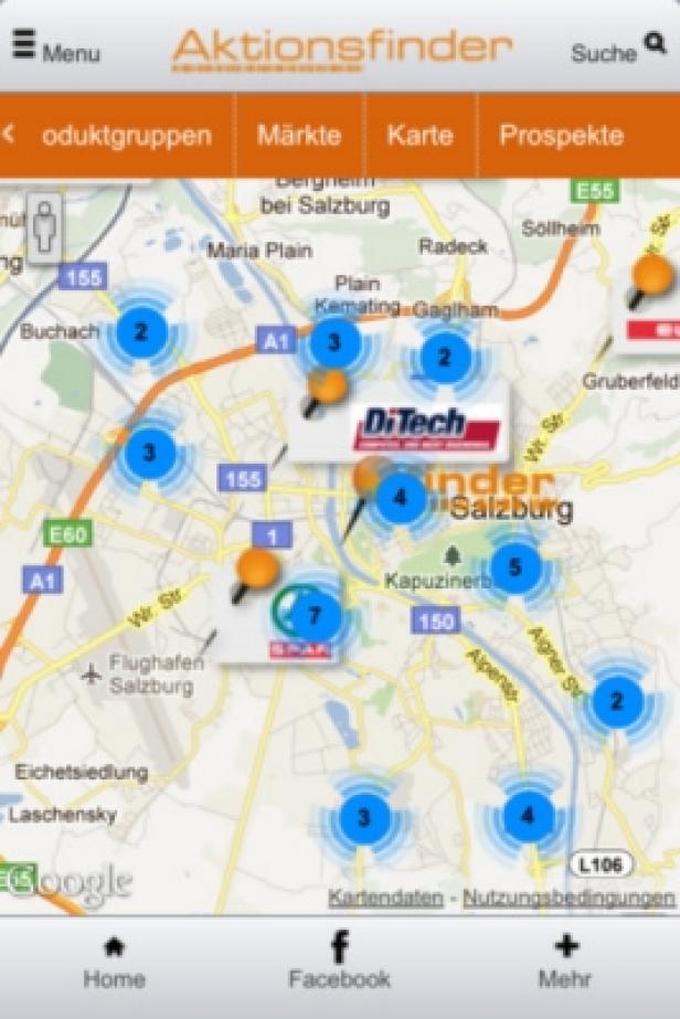 Aktionsfinder.at - iPhone-App - iTunes Ein Screenshot der „Aktionsfinder“-App mit einer Karte von Salzburg und Umgebung.