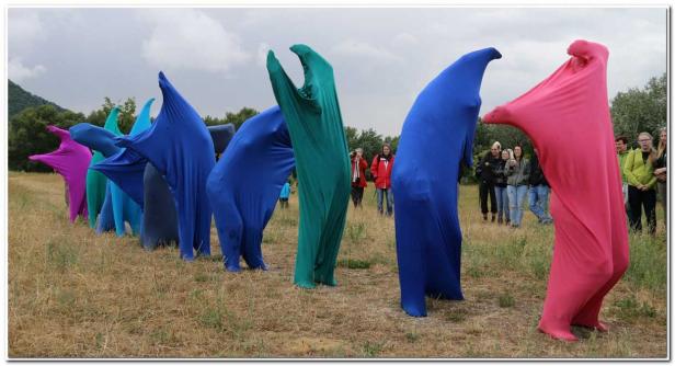 Eine Reihe von Personen, die in farbige Stoffe gehüllt sind, stehen auf einem Feld.