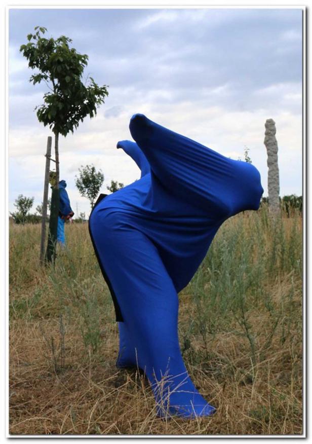 Eine Person in einem blauen Ganzkörperanzug steht auf einem Feld.