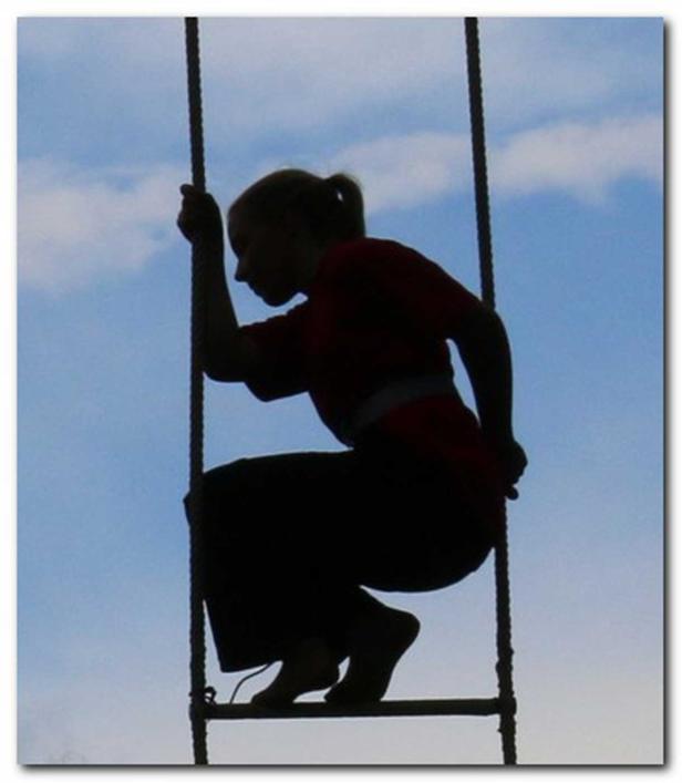 Die Silhouette einer Frau, die eine Strickleiter vor blauem Himmel hochklettert.