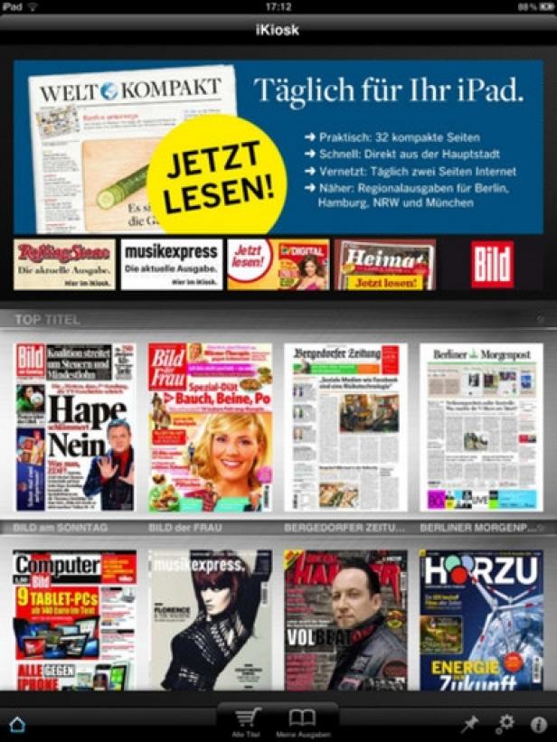 iKiosk - Relaunch Dezember 2011 - Axel Springer Ein iPad zeigt den iKiosk mit verschiedenen Zeitschriften und Zeitungen wie „Welt Kompakt“ und „Bild“.