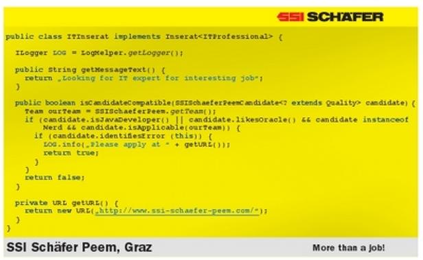 Kleine Zeitung - Job & Karriere Award - Stellenanzeige - SSI Schäfer - Blickfang Ein Java-Code-Ausschnitt von SSI Schäfer Peem, Graz, der eine IT-Stellenanzeige darstellt.