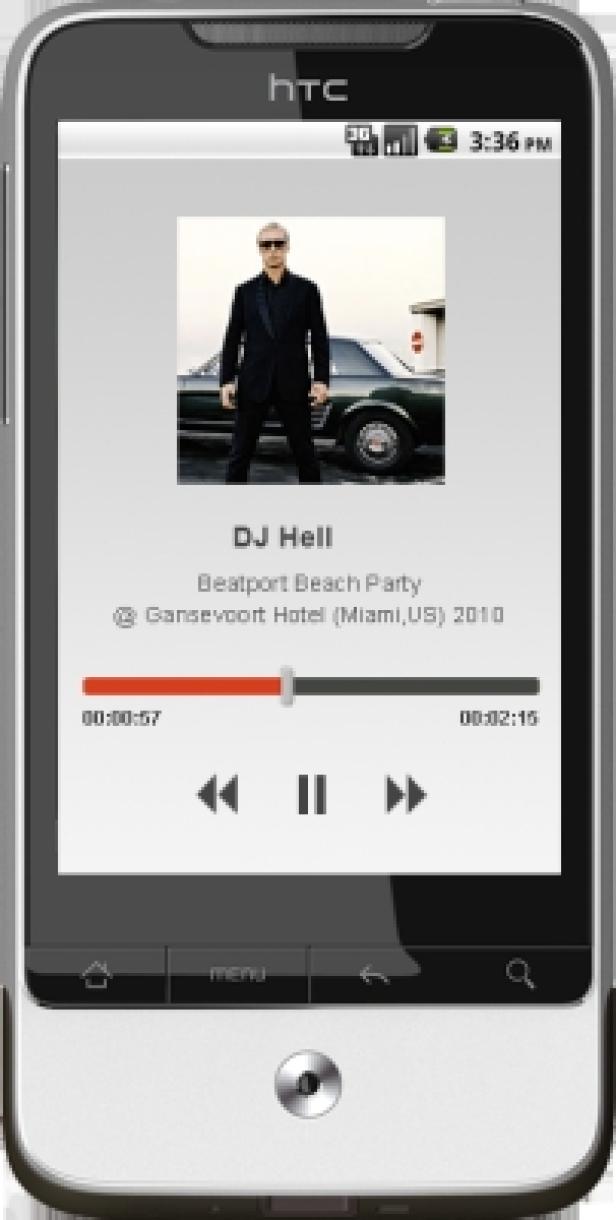 play.fm - Android-App Auf dem Bildschirm eines HTC-Smartphones läuft ein Musikstück von DJ Hell.
