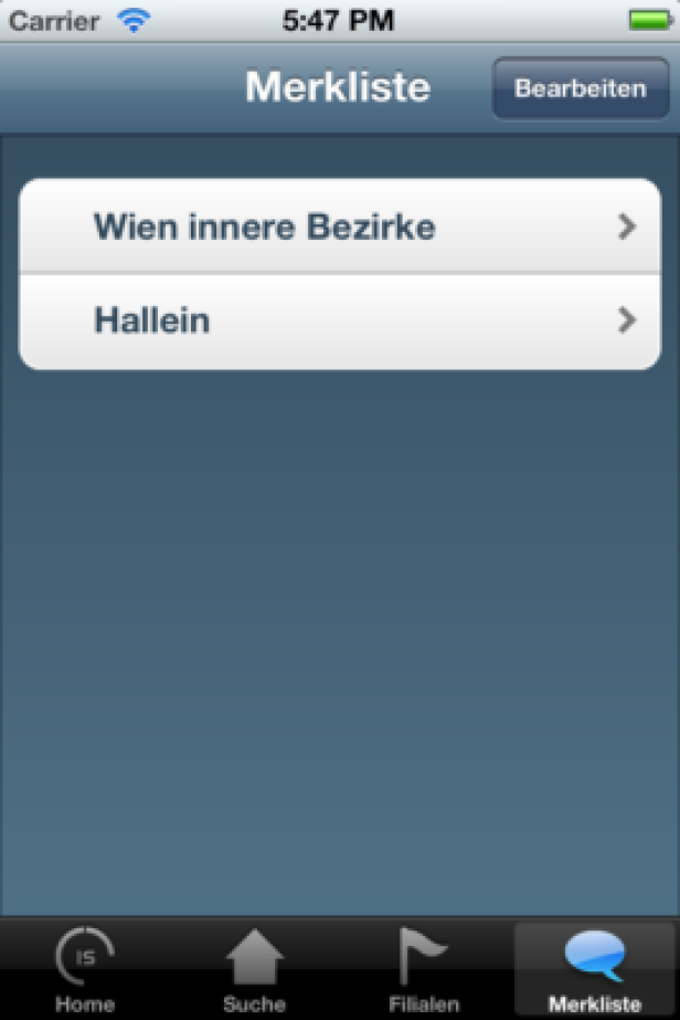 IS Immobilien - iPhone-App - Lucy Marx Ein Screenshot der „Merkliste“-Funktion einer App mit den Einträgen „Wien innere Bezirke“ und „Hallein“.