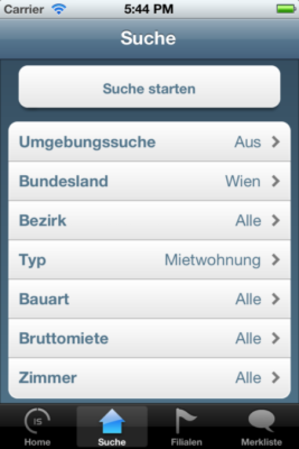 IS Immobilien - iPhone-App - Lucy Marx Ein Screenshot der Suchfunktion einer Immobilien-App, mit Filtern wie Bundesland, Bezirk und Mietwohnungstyp.