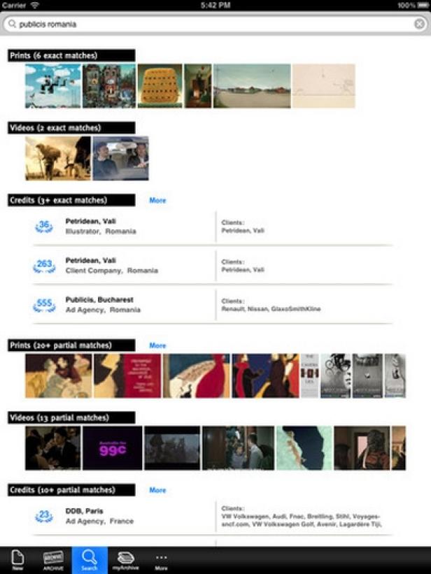 Lürzer's Archiv - iPad-Edition - Mind Treat Studios Ein Screenshot einer Suchergebnisseite für „publicis romania“ auf einem Tablet.