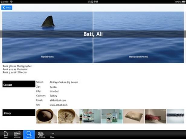 Lürzer's Archiv - iPad-Edition - Mind Treat Studios Ein Screenshot der Webseite von Ali Bati mit einem Hai im Wasser.