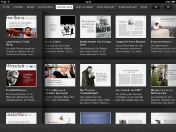 Frankfurter Allgemeine Sonntagszeitung - iPad-App - App-Edition Ein Screenshot einer Tablet-App mit verschiedenen Artikeln zu Wirtschaft, Politik und Kultur.