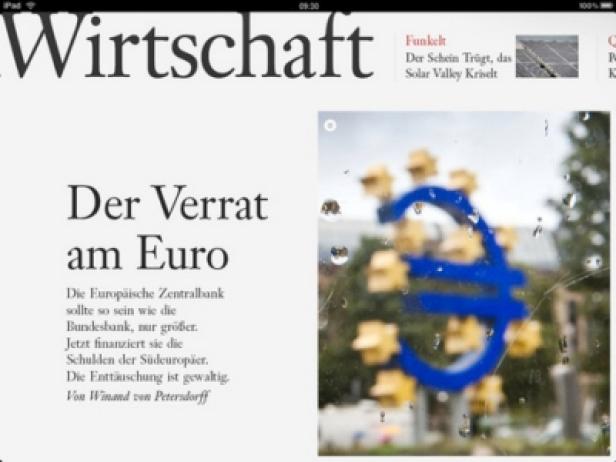 Frankfurter Allgemeine Sonntagszeitung - iPad-App - App-Edition Titelseite eines Artikels über den „Verrat am Euro“ mit einem Euro-Symbol im Hintergrund.