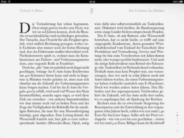 Frankfurter Allgemeine Sonntagszeitung - iPad-App - App-Edition Ein Artikel über die Zukunft des Automobils und die Entwicklung von Elektroautos.