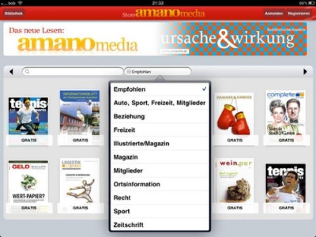 amano media - iPad - Magazin-Kiosk - Special Interest Ein iPad-Bildschirm zeigt die Amano Media App mit einer Liste von Kategorien wie Sport und Freizeit.