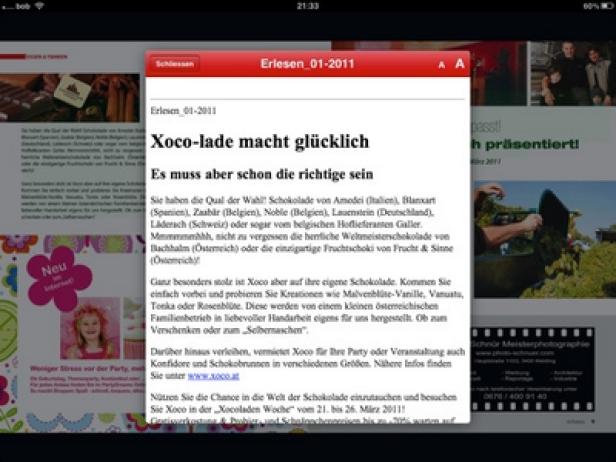 amano media - iPad - Magazin-Kiosk - Special Interest Ein Screenshot eines Artikels über „Xoco-lade“, der verschiedene Schokoladensorten und Veranstaltungen bewirbt.