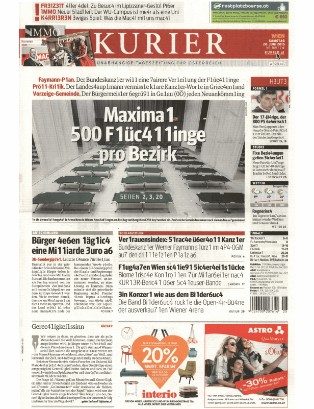Titelseite der Zeitung Kurier vom 20. Juni 2015.