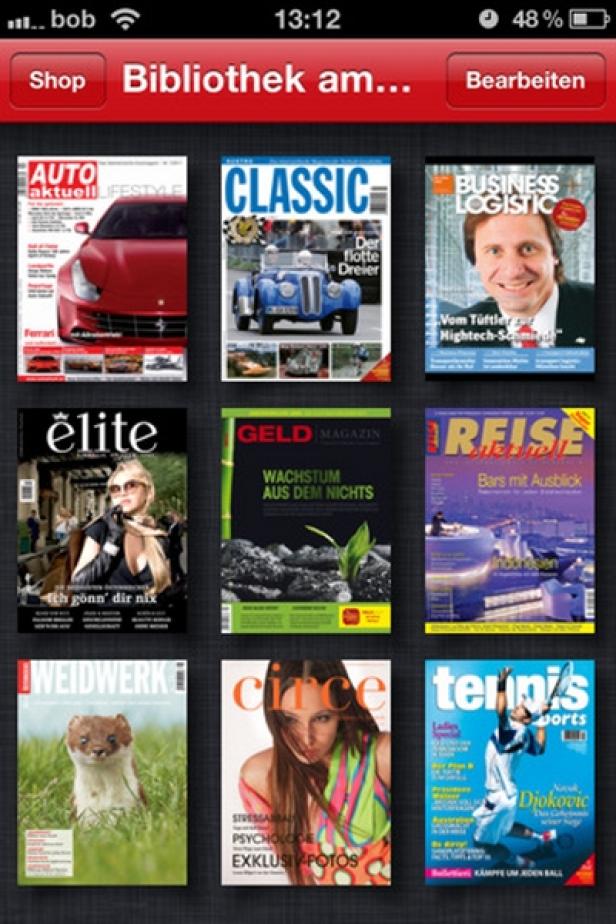 amano media -iPhone - Magazin-Kiosk - Special Interest Ein Screenshot einer digitalen Bibliothek mit verschiedenen Zeitschriftencovern.