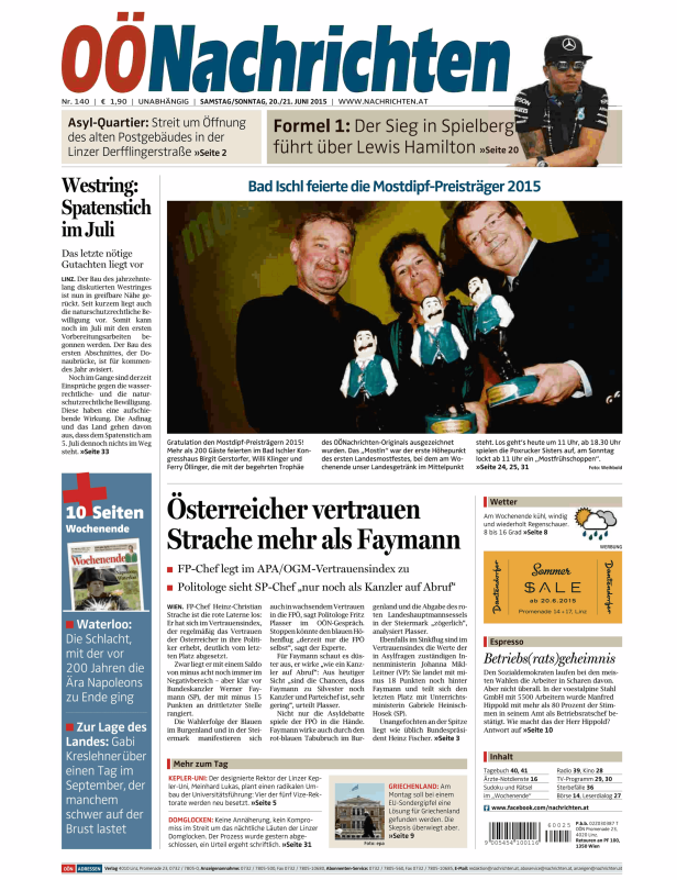 Titelseite der OÖNachrichten vom 20./21. Juni 2015 mit Artikeln zu verschiedenen Themen.