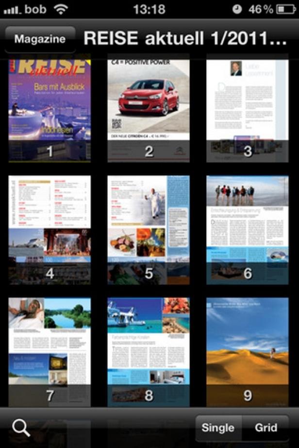 amano media - iPhone - Magazin-Kiosk - Special Interest Ein Screenshot der „REISE aktuell 1/2011“-App mit Kachelansicht der Magazinseiten.