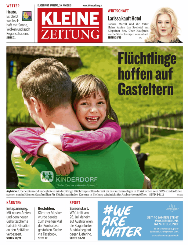 Ein Mädchen umarmt einen Mann; im Hintergrund der Aufruf zur Aufnahme von Flüchtlingen in Gastfamilien.