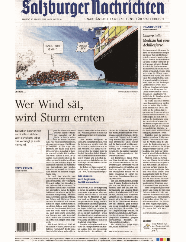 Karikatur in den Salzburger Nachrichten über Migration und globale Ausbeutung.