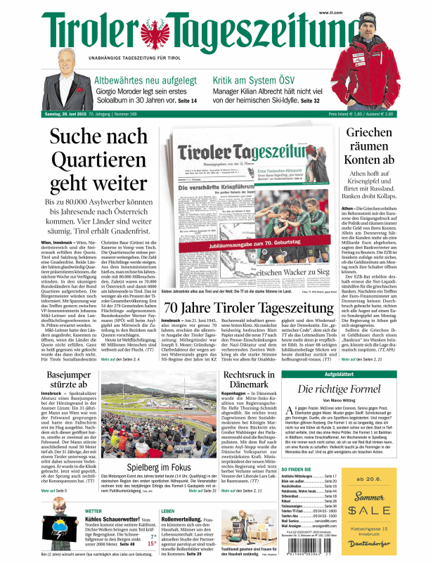 Titelseite der Tiroler Tageszeitung vom 20. Juni 2015.