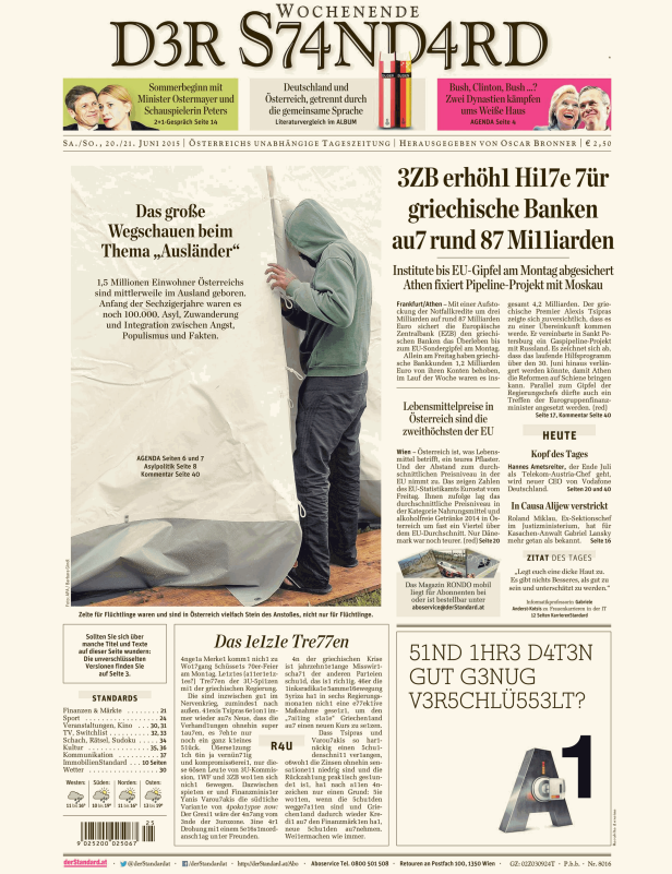 Titelseite der Zeitung „Der Standard“ vom 20./21. Juni 2015.