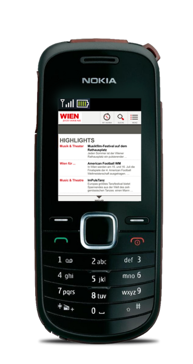 wien.info - Wien Tourismus - Digitalsunray Ein Nokia-Handy zeigt Informationen über Veranstaltungen in Wien an.