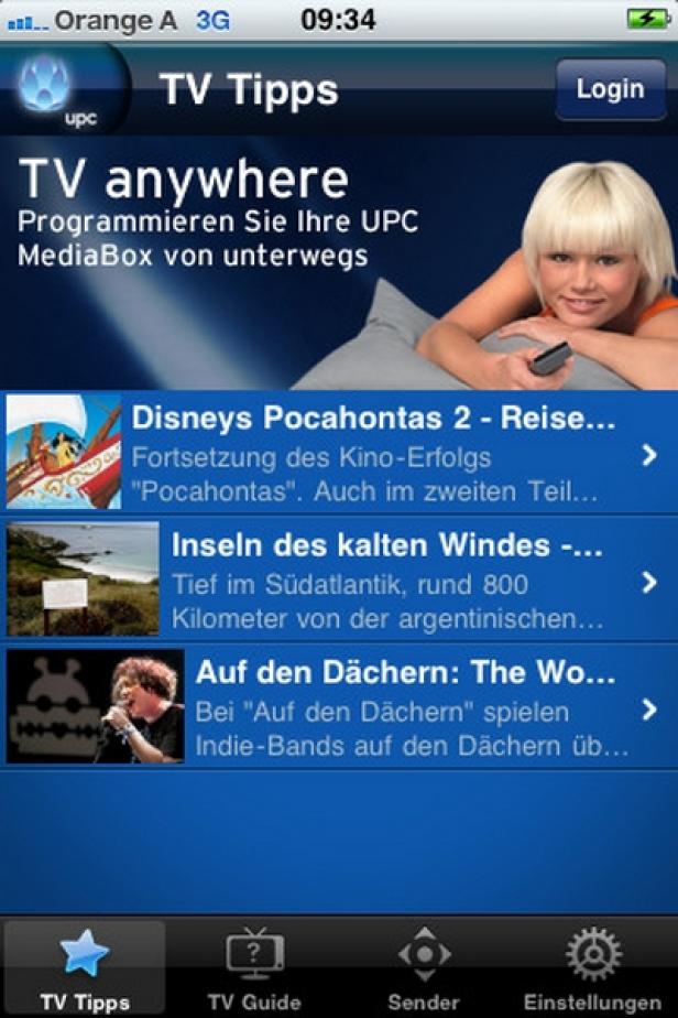 TV-Planer - iPad-App - UPC Austria Ein Screenshot der UPC TV Tipps App auf einem iPhone.