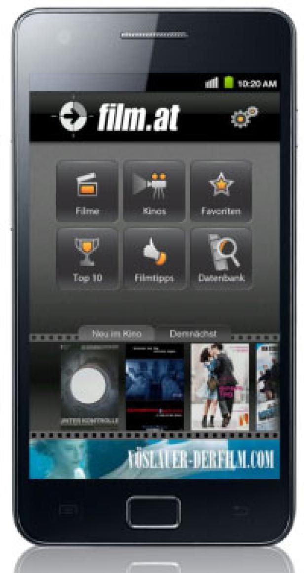 Film.at - iPhone-App - Entertainment Media - Menu mit Werbeplatz Ein Smartphone zeigt die „film.at“-App mit verschiedenen Optionen wie Filme, Kinos und Top 10.
