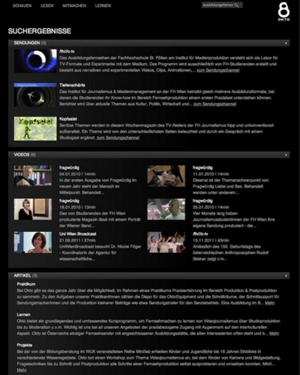 Eine Webseite der österreichischen Fernsehsenders Okto mit Suchergebnissen für Sendungen, Videos und Artikel.