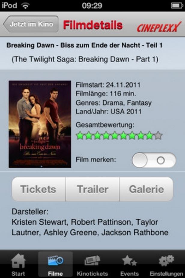 Cineplexx - iPhone-App Ein Screenshot der Filmdetails von „Breaking Dawn – Biss zum Ende der Nacht – Teil 1“ auf einem iPhone.