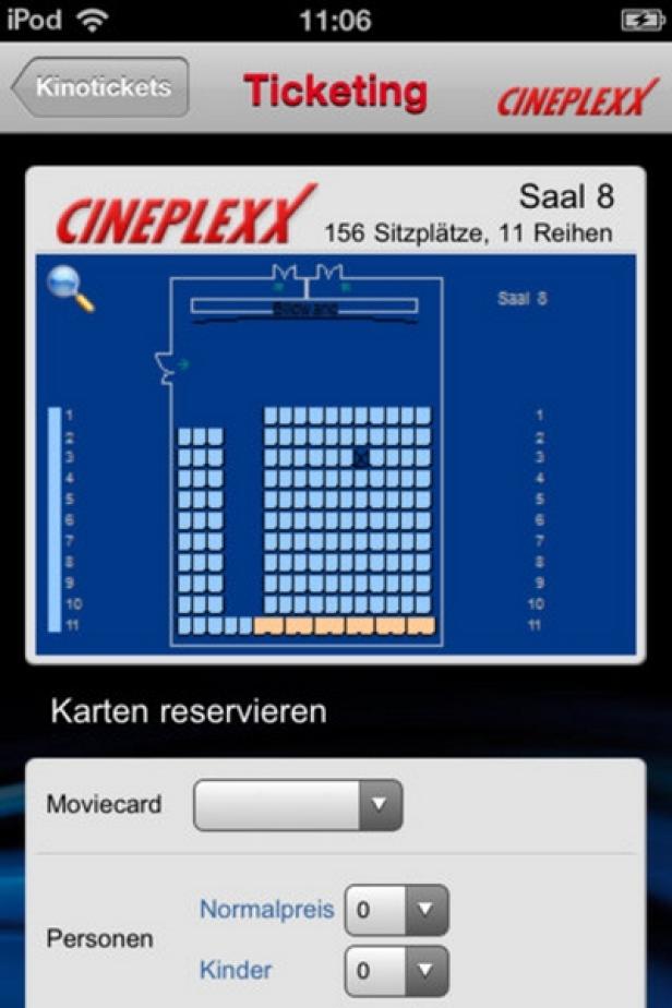 Cineplexx - iPhone-App Ein Screenshot der CINEPLEXX-App zur Reservierung von Kinokarten für Saal 8.
