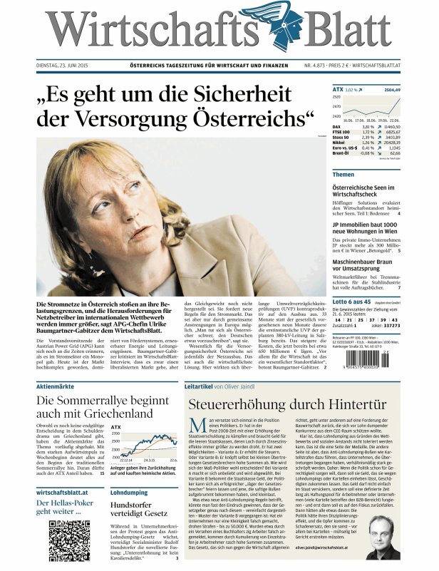 Titelseite des Wirtschaftsblatt vom 23. Juni 2015 mit einem Artikel über die Versorgungssicherheit Österreichs.