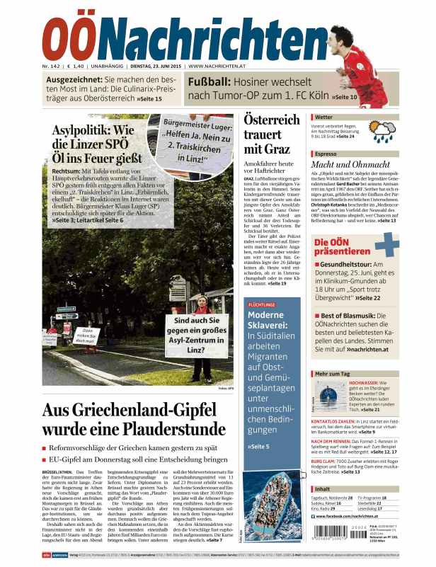 Titelseite der OÖNachrichten vom 23. Juni 2015.
