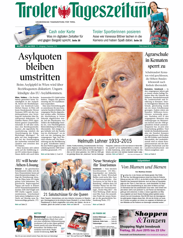 Titelseite der Tiroler Tageszeitung vom 24. Juni 2015.